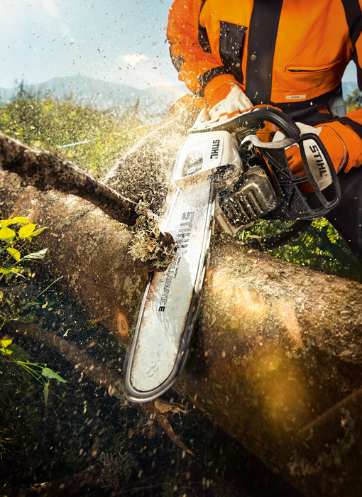 A person uses a chainsaw to cut a branch off a tree trunk.